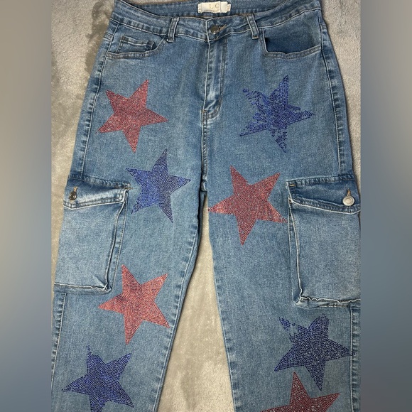 Y2K Star Rhinestone Cargo Jogger Jeans LIC Lizette Collection Size 13 - Picture 8 of 16